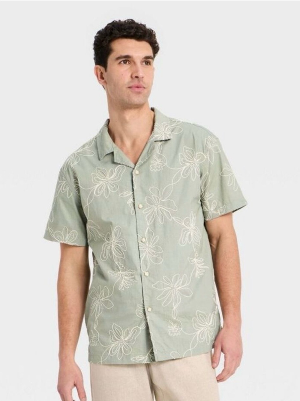 Sage Green Floral Camp Collar Button-Down Shirt